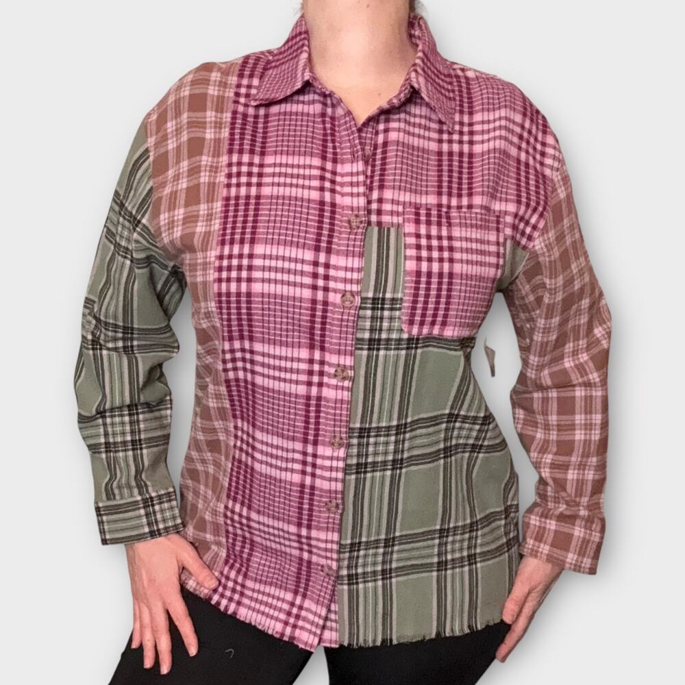 BP NEW RETRO 90S COTTON PLAID PATCHWORK FLANNEL PINK GREEN MEDIUM - Picture 1 of 9